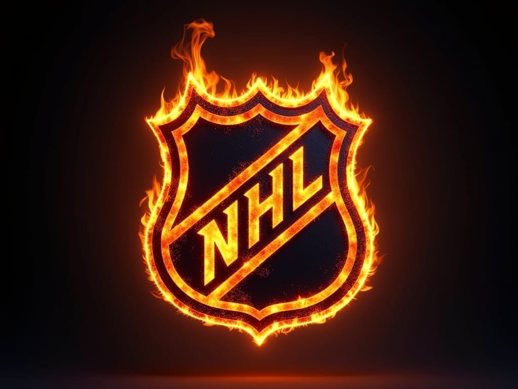The NHL logo, a black and orange shield outlined in vivid flames against a dark background, blazes with energy. The bold, diagonal "NHL" letters at the center embody the fiery passion of NHL culture.
