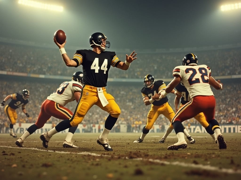 A football quarterback in a black and yellow uniform, number 44, prepares to throw as defenders in white jerseys rush toward him—a classic Raiders Steelers rivalry unfolds on a well-lit stadium field packed with cheering fans.