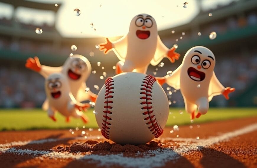 A close-up of a baseball on a field with four cartoonish, joyful ghost characters floating around it; the scene playfully hints at Baseball Myths, with stadium seating, sunlight, and water droplets adding dynamic movement and excitement.