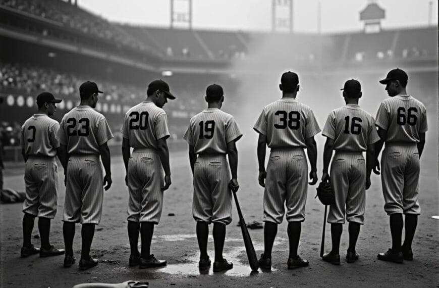 Seven baseball players in vintage uniforms stand in a row on a dirt field, seen from behind. Each holds a bat, their numbers recalling an era touched by sports scandal. A misty stadium and crowd evoke a nostalgic atmosphere in the background.