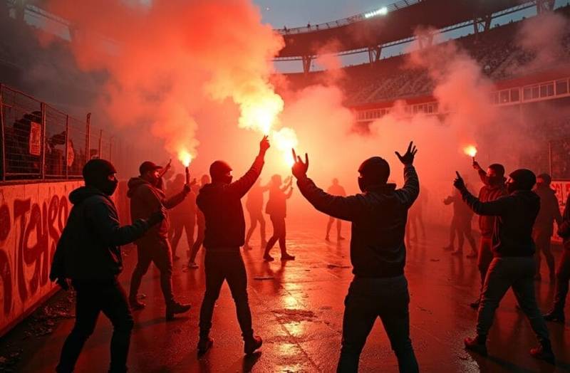 A group of people, some wearing hoodies and masks, stand in a stadium holding up red flares that emit thick smoke, creating a dramatic, glowing atmosphere. The wet ground reflects the light, and stadium seats are visible in the background.