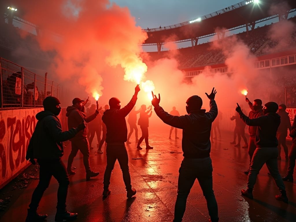 A group of people, some wearing hoodies and masks, stand in a stadium holding up red flares that emit thick smoke, creating a dramatic, glowing atmosphere. The wet ground reflects the light, and stadium seats are visible in the background.