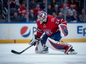 A hockey goalie in a red Montreal Canadiens jersey and full gear crouches on the ice, gripping a black stick and watching play—an ideal scene for hockey analytics, with blurred spectators in red and rinkside advertisements completing the backdrop.