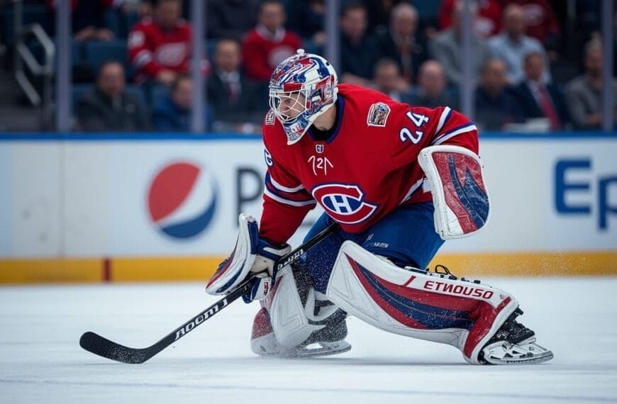 A hockey goalie in a red Montreal Canadiens jersey and full gear crouches on the ice, gripping a black stick and watching play—an ideal scene for hockey analytics, with blurred spectators in red and rinkside advertisements completing the backdrop.