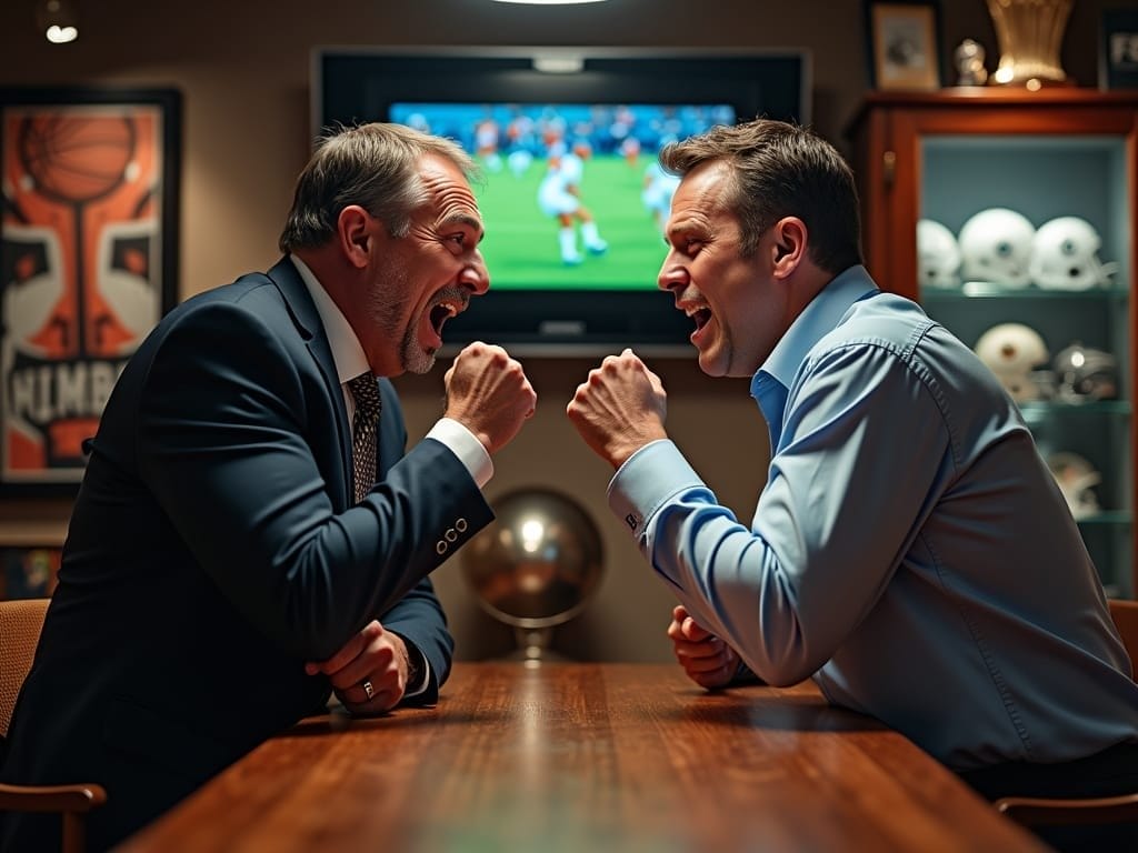Two men in dress shirts, seated at a wooden table, lean forward with raised fists and animated expressions, caught up in spirited sports debates. Behind them, a TV shows a game and memorabilia fills the room, creating an intense, competitive atmosphere.
