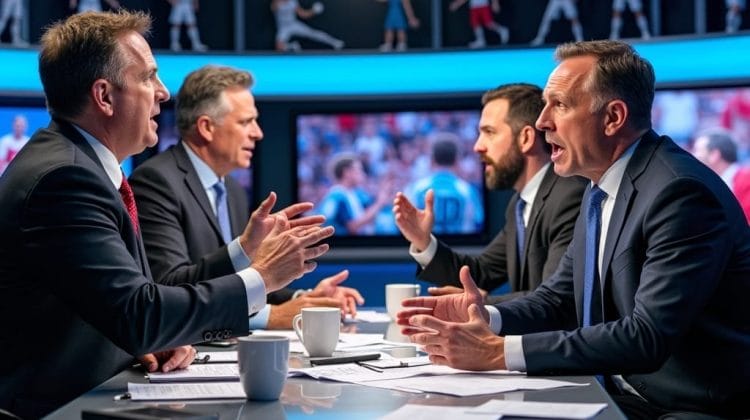 Four men in suits passionately discuss Controversial Sports Opinions at a TV sports studio desk, gesturing with hands. Coffee cups, papers, and pens clutter the table. Background screens show soccer games, with miniature player figures above them.