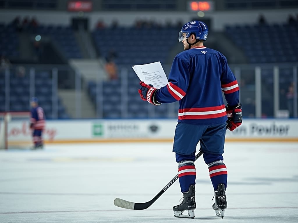 A hockey player in blue and red gear stands on the ice rink holding a paper—possibly a 1 way contract NHL offer—in one hand and a hockey stick in the other. The arena seats in the background are mostly empty, with another player blurred in the distance.