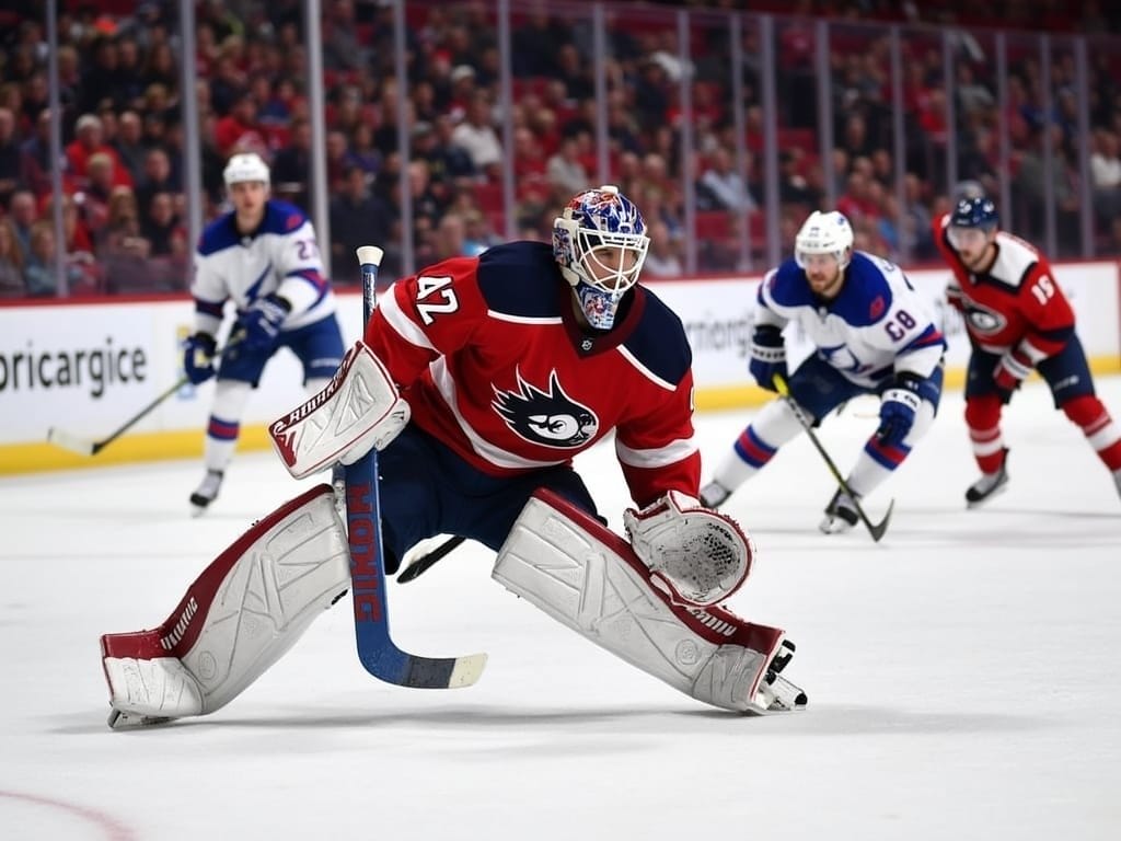 A hockey goalie in red gear crouches alertly in front of the net, focused on the puck—much like how players focus on whether NHL contracts are fully guaranteed. Fans watch from packed stands as skaters in vibrant uniforms race across the bright ice.