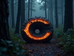 A large, weathered stone sculpture shaped like the Chicago Bears “C” logo glows with fiery orange light in a misty, dimly lit forest. Tall trees and damp leaves evoke the mystery of one of the NFL greatest rivalries lurking in the shadows.