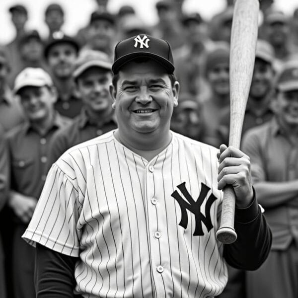 A smiling man in a New York Yankees uniform holds a bat, standing before a cheerful, supportive group of casually dressed men and caps. This black and white photo captures the spirit of baseball in the 1920s.