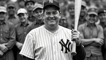 A smiling man in a New York Yankees uniform holds a bat, standing before a cheerful, supportive group of casually dressed men and caps. This black and white photo captures the spirit of baseball in the 1920s.