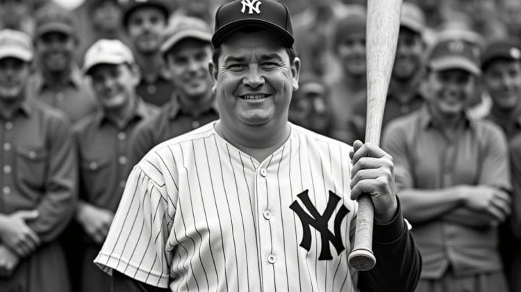 A smiling man in a New York Yankees uniform holds a bat, standing before a cheerful, supportive group of casually dressed men and caps. This black and white photo captures the spirit of baseball in the 1920s.
