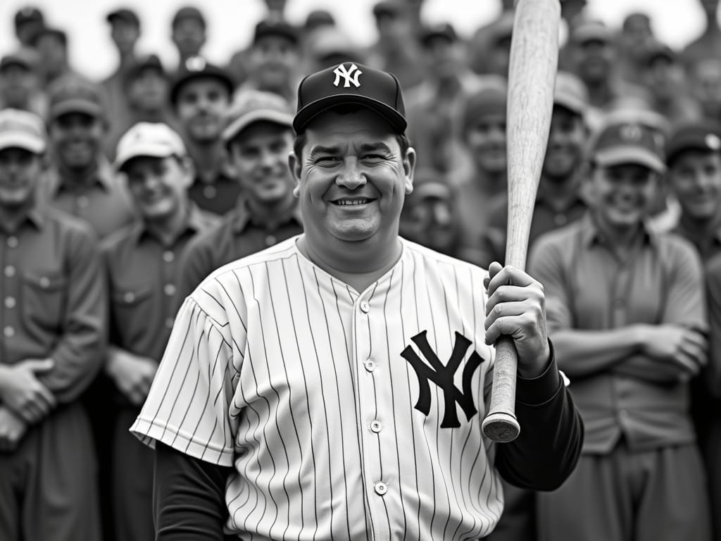 A smiling man in a New York Yankees uniform holds a bat, standing before a cheerful, supportive group of casually dressed men and caps. This black and white photo captures the spirit of baseball in the 1920s.