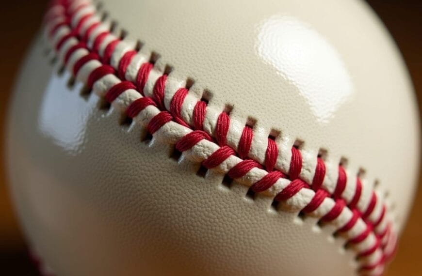 A close-up view of a baseball from the live ball era shows detailed red stitching on white leather. The texture of the leather and twisted threads highlight the craftsmanship and construction typical of this historic period.