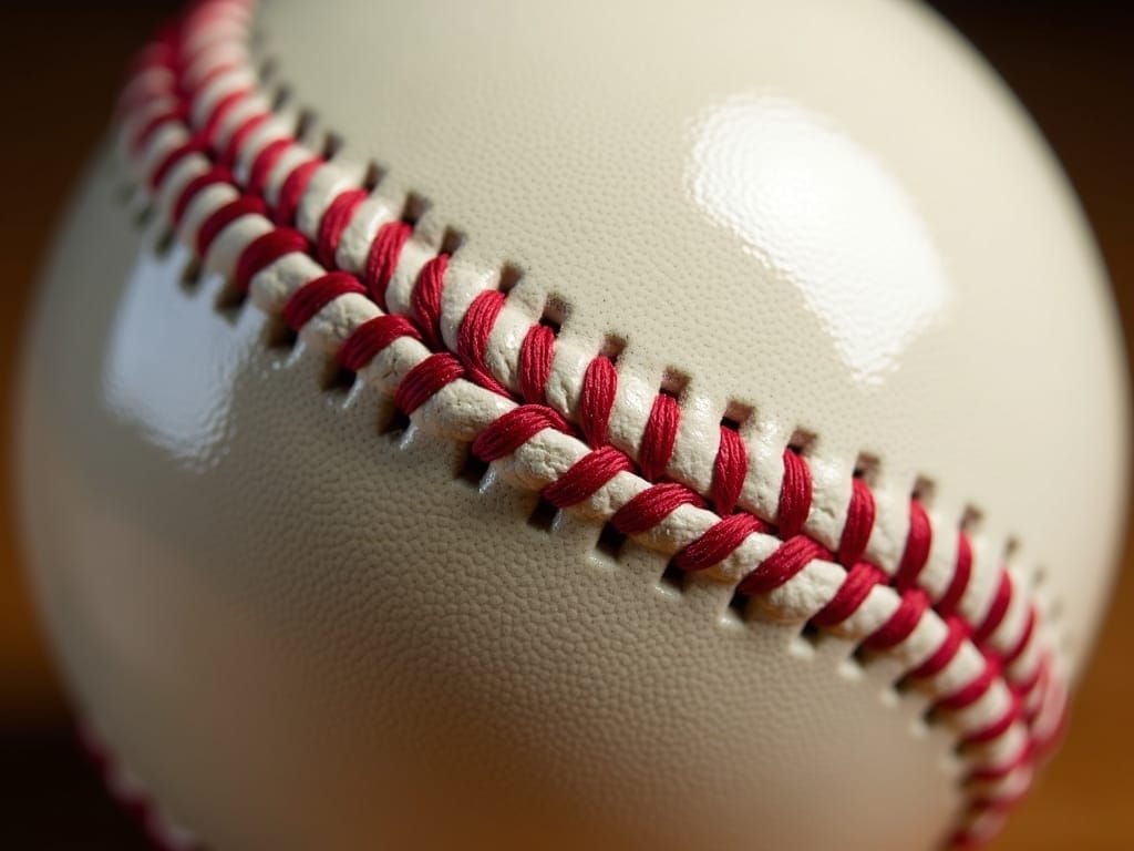 A close-up view of a baseball from the live ball era shows detailed red stitching on white leather. The texture of the leather and twisted threads highlight the craftsmanship and construction typical of this historic period.