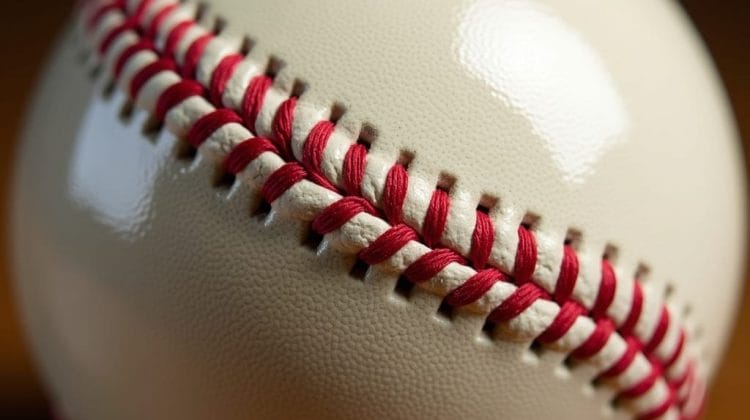 A close-up view of a baseball from the live ball era shows detailed red stitching on white leather. The texture of the leather and twisted threads highlight the craftsmanship and construction typical of this historic period.