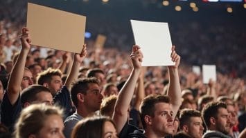A large crowd at an indoor sports event holds up blank signs. The audience appears excited and focused, as if reacting to NFL controversial calls. Stadium lights and a blurry scoreboard in the background create an energetic atmosphere.