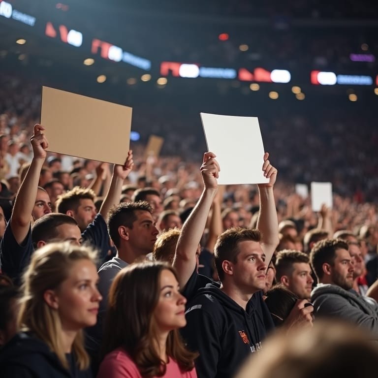 A large crowd at an indoor sports event holds up blank signs. The audience appears excited and focused, as if reacting to NFL controversial calls. Stadium lights and a blurry scoreboard in the background create an energetic atmosphere.
