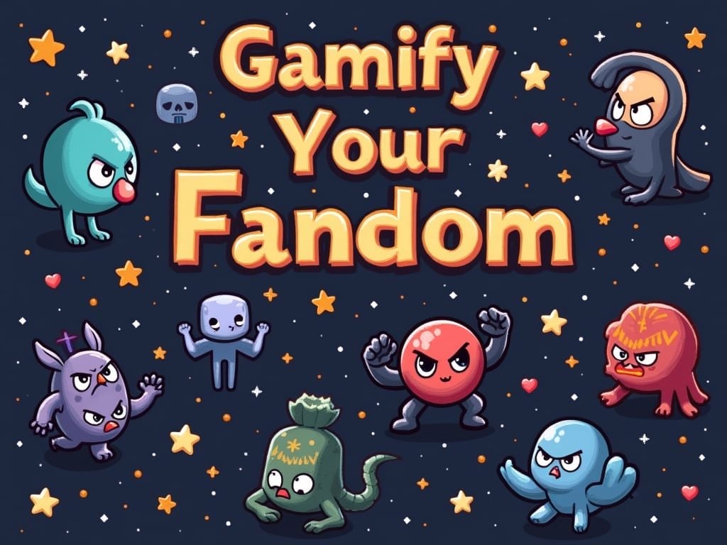 Colorful cartoon creatures surround the bold text “Gamify Your Fandom” on a dark, starry background. The creatures display varied shapes and expressions, including a bird, blob, rabbit, octopus, lizard, and a small skull, with scattered stars and hearts.