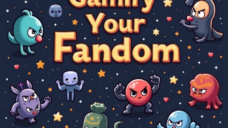 Colorful cartoon creatures surround the bold text “Gamify Your Fandom” on a dark, starry background. The creatures display varied shapes and expressions, including a bird, blob, rabbit, octopus, lizard, and a small skull, with scattered stars and hearts.