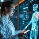 A female doctor in a white coat holds a tablet, examining a digital display of a human skeleton with highlighted chest area. Medical charts and data, reminiscent of baseball analytics for player development, suggest a high-tech research facility.