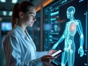 A female doctor in a white coat holds a tablet, examining a digital display of a human skeleton with highlighted chest area. Medical charts and data, reminiscent of baseball analytics for player development, suggest a high-tech research facility.