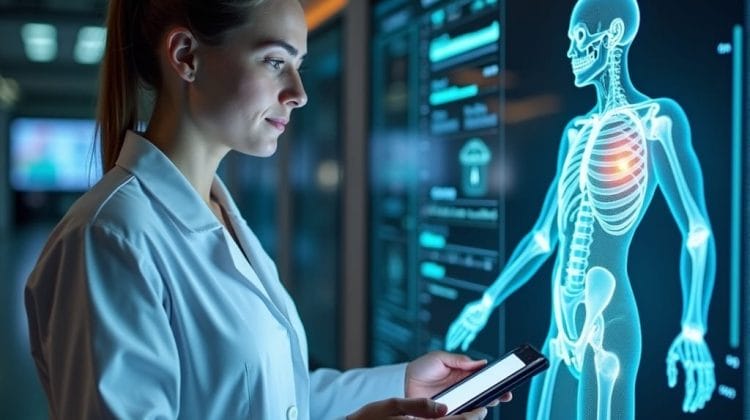 A female doctor in a white coat holds a tablet, examining a digital display of a human skeleton with highlighted chest area. Medical charts and data, reminiscent of baseball analytics for player development, suggest a high-tech research facility.