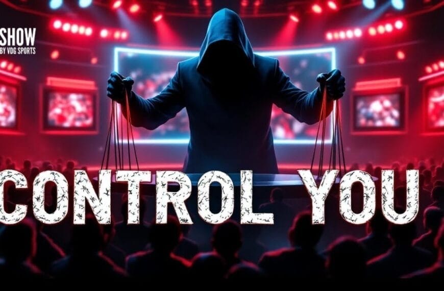 A hooded figure stands on stage holding puppet strings over a crowd, silhouetted by dramatic red and blue lighting. Large screens display blurred images in the background. Bold white text reads "CONTROL YOU." The atmosphere is intense and theatrical.