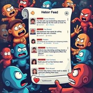 A cartoon of colorful, angry characters arguing around a fake social media feed filled with nonsensical posts, emojis, and icons. The heated expressions and exaggerated gestures suggest intense online conflict or debate.