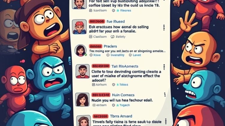 A cartoon of colorful, angry characters arguing around a fake social media feed filled with nonsensical posts, emojis, and icons. The heated expressions and exaggerated gestures suggest intense online conflict or debate.