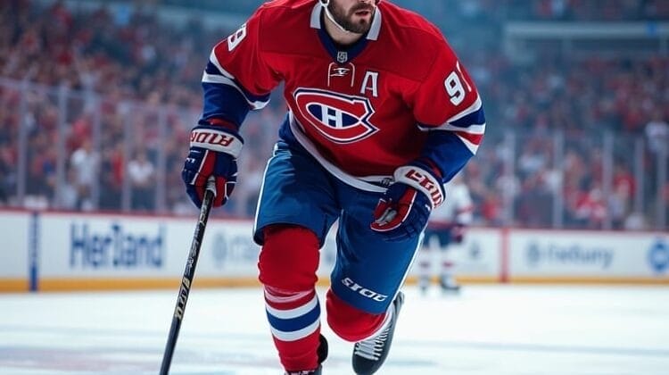A hockey player in a red Montreal Canadiens jersey skates on the ice, focused on the puck. The arena, alive with cheering fans and bright lights, reflects the storied NHL team relocation history and intense atmosphere of the game.
