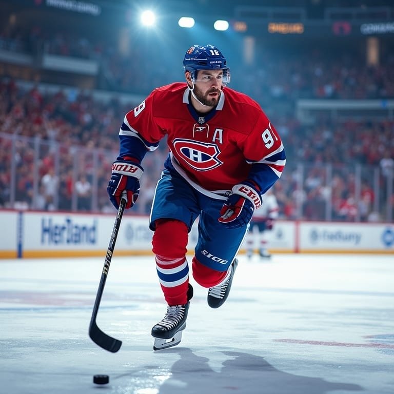 A hockey player in a red Montreal Canadiens jersey skates on the ice, focused on the puck. The arena, alive with cheering fans and bright lights, reflects the storied NHL team relocation history and intense atmosphere of the game.