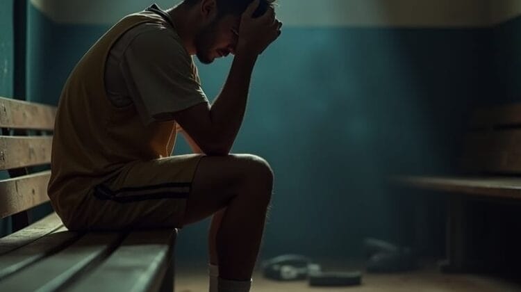 A young man in sports wear sits on a wooden bench in a dimly lit locker room, head bowed and hand on forehead, appearing upset—haunted by the fear he may never win championships. Light streams through a high window, highlighting dust and scattered sports gear.