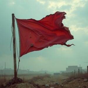 A weathered, torn red flag on a rusted pole flutters in a desolate, misty industrial landscape—an apt metaphor for sports management red flags, with holes and frayed edges against hazy factory buildings and fences under a cloudy sky.