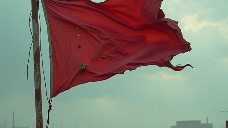 A weathered, torn red flag on a rusted pole flutters in a desolate, misty industrial landscape—an apt metaphor for sports management red flags, with holes and frayed edges against hazy factory buildings and fences under a cloudy sky.