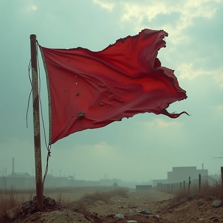 A weathered, torn red flag on a rusted pole flutters in a desolate, misty industrial landscape—an apt metaphor for sports management red flags, with holes and frayed edges against hazy factory buildings and fences under a cloudy sky.