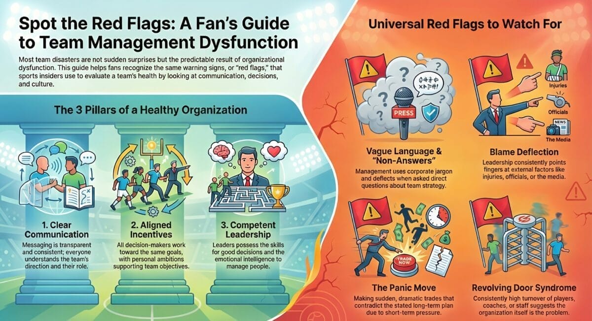 An infographic with illustrations explains sports management red flags. On the left, pillars labeled &ldquo;Clear Communication,&rdquo; &ldquo;Aligned Incentives,&rdquo; and &ldquo;Competent Leadership&rdquo; highlight a healthy team; the right shows red flags like &ldquo;Blame Deflection&rdquo; and &ldquo;Revolving Door Syndrome.&rdquo;.