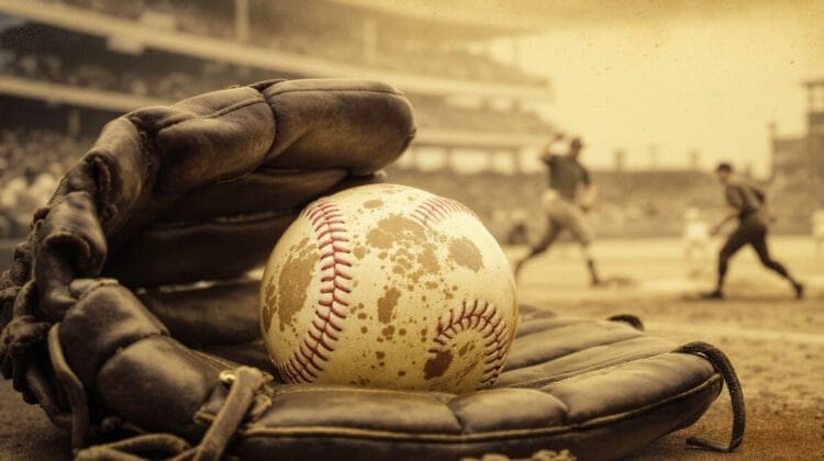A close-up of a weathered baseball resting in an old leather glove on a dusty field. In the blurred background, players and a stadium evoke the dead ball era, while a vintage, sepia-toned effect adds nostalgic charm to the scene.