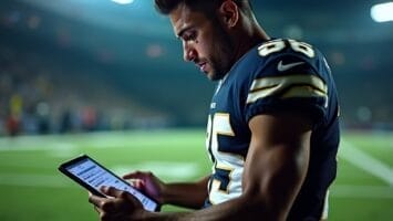 A football player in a dark blue jersey with the number 85 sits on a bench at a brightly lit stadium, looking intently at a tablet as he reviews advanced football analytics. The blurred background suggests an ongoing night game.