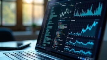 A laptop displays data visualizations and code on its screen, including line graphs, bar charts, and colored code text—perfect for analyzing data in sports debates. Sunlight streams through blurred windows, while a smartphone rests nearby on the table.