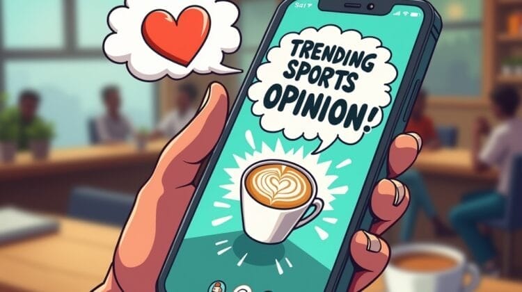 A hand holds a smartphone displaying “TRENDING SPORTS OPINION!” with a latte art image and social icons. A heart emoji pops above. The blurred café background and coffee cup set the scene for sharing the hottest sports takes with friends.