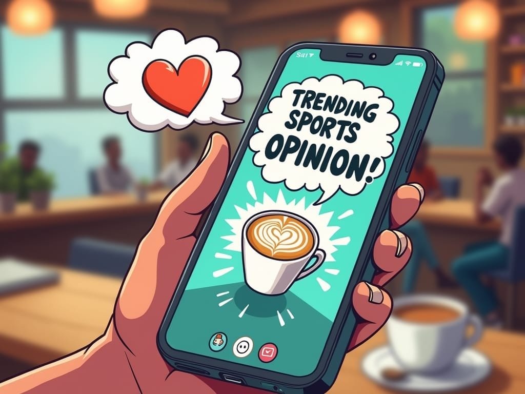A hand holds a smartphone displaying “TRENDING SPORTS OPINION!” with a latte art image and social icons. A heart emoji pops above. The blurred café background and coffee cup set the scene for sharing the hottest sports takes with friends.