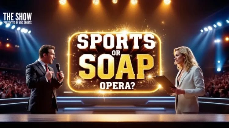 A man in a suit speaks into a microphone, facing a woman in a white suit holding a clipboard. Behind them, bright lights and a sign read “SPORTS OR SOAP OPERA?”—a lively look at sports media on stage. Text: “THE SHOW Presented by 916 Sports.”.