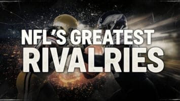 Two American football players in full gear face off aggressively, surrounded by sparks and dramatic lighting. Bold white text declares “NFL’S GREATEST RIVALRIES,” spotlighting the intensity of NFL greatest rivalries against a dark, energetic backdrop.