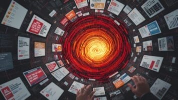 A pair of hands reaches toward a glowing vortex at the center, surrounded by floating digital screens with graphs, messages, icons, and charts—a dynamic digital tunnel evoking social media’s immersive pull into its bright core.