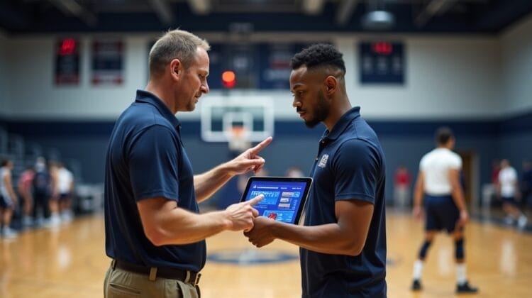Two basketball coaches stand on a gym court, discussing plays displayed on a tablet. One coach gestures emphatically while the other holds the device, analyzing strategy much like advanced baseball stats. Blurred players practice near the hoop under bright indoor lighting.