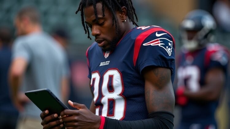 A football player in a navy blue Patriots jersey number 28 stands on the field, looking down at a tablet, likely reviewing advanced NFL analytics. He has dreadlocks and visible tattoos; another player is slightly out of focus in the background.