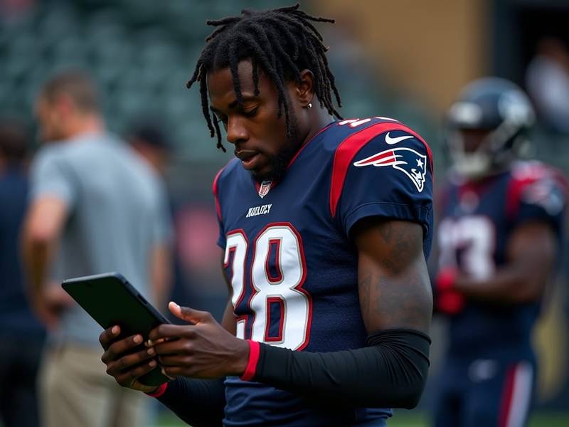 A football player in a navy blue Patriots jersey number 28 stands on the field, looking down at a tablet, likely reviewing advanced NFL analytics. He has dreadlocks and visible tattoos; another player is slightly out of focus in the background.