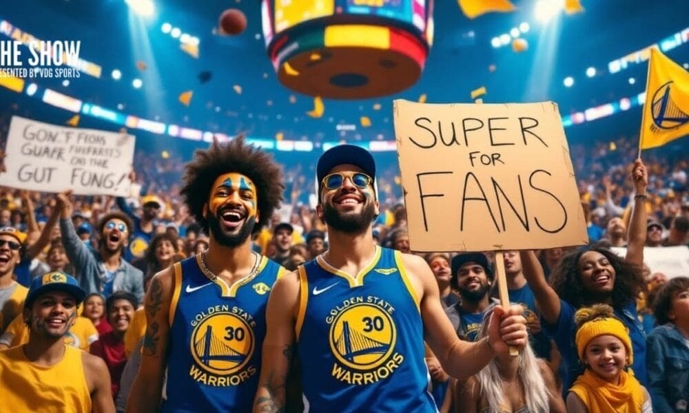 NBA super fans in Golden State Warriors jerseys cheer wildly with signs at the game, their passion lighting up the arena.