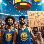 NBA super fans in Golden State Warriors jerseys cheer wildly with signs at the game, their passion lighting up the arena.